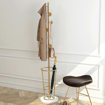 67'' Entryway Metal Round Hooks Coat Rack with Umbrella Rack Base-Gold